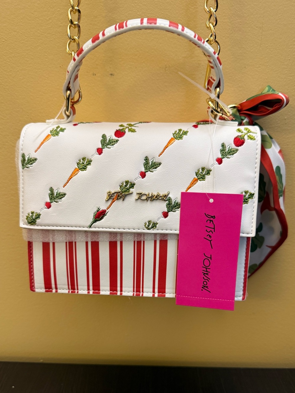 Betsey Johnson White & Red Embroidered Carrot & Radish Crossbody/Satchel Bag NWT